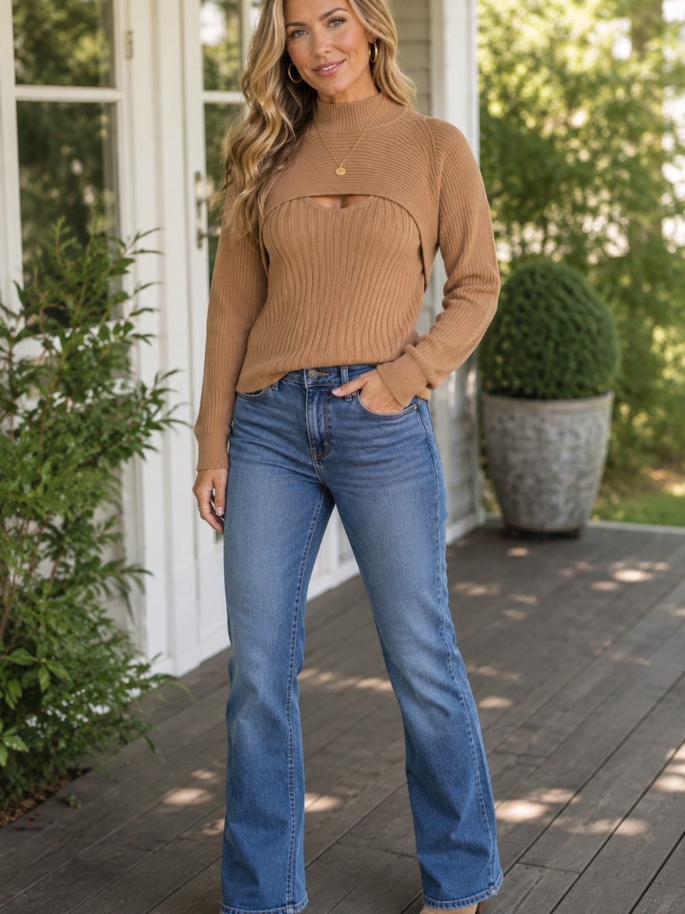 Umgee Madeline Layered Sweater Ribbed Knit in Walnut